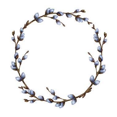 Watercolor illustration Easter round frame wreath of pussy willow branches. Isolated design element for invitations, greeting cards, posters, label print concepts. The border