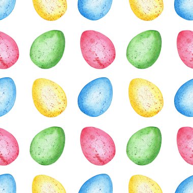 Paskalya yumurtalarının kusursuz desenlerinin suluboya çizimi. Çok renkli yumurta izlerinin ardı arkası kesilmiyor. Paskalya, din, gelenek. Beyaz arka planda izole edilmiş. Elle çizilmiş..