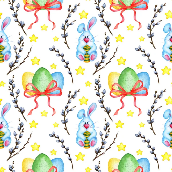 Watercolor illustration seamless easter pattern blue bunny, painted eggs, bow, webra branches and stars. Religion, tradition, Easter. Isolated on white background. Drawn by hand.