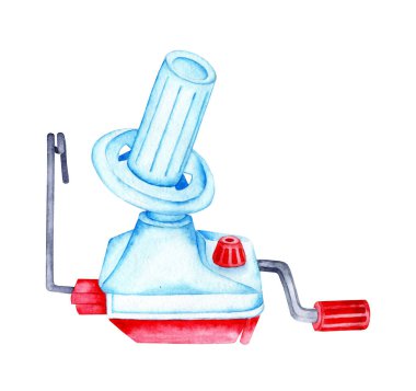 Pencere ipliğinin suluboya çizimi. Yünlü iplikleri topa çeviren bir makine. Örgü, dikiş, amelelik. İplikleri sarın. Beyaz arka planda izole edilmiş. Elle çizilmiş..