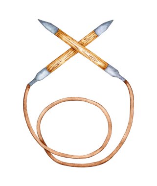 Metal uçlu ahşap dairesel örgü iğnelerinin suluboya çizimi. Kusursuz ürünleri kurutmak için bir araç. Yaratıcılık, dikiş, örgü. Beyaz arka planda izole edilmiş. Elle çizilmiş.