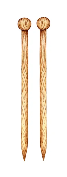 Akwarelowa Ilustracja Drewnianych Drutów Dziewiarskich Narzędzie Dziergania Odzieży Needlework Dziewiarstwo — Zdjęcie stockowe