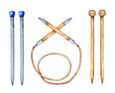 Watercolor illustration of a set of knitting needles. Wooden, metal and circular knitting needles. Tools for handicraft, creativity, by hand. Isolated on white background. Drawn by hand.