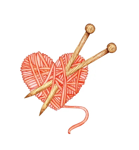 Watercolor Illustration Red Skein Thread Shape Heart Knitting Needles Logo — Foto de Stock