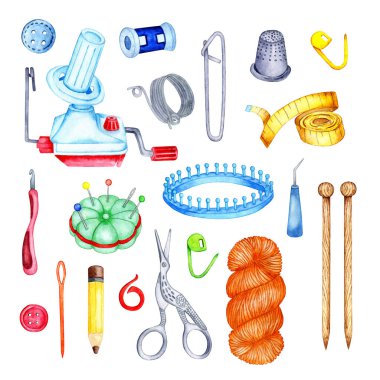 Bir takım örgü aletlerinin suluboya çizimi. Örgü iğneleri, tığ işi kancası, luma, ip yumağı, makas, makas. Dikiş işi ve yaratıcılık için DIY araçları. Beyaz arka planda izole edilmiş. Elle çizilmiş..