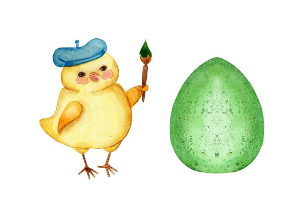 Приклад Аквареллю Про Маленьку Жовту Курку Береті Малює Зелене Яйце — стокове фото