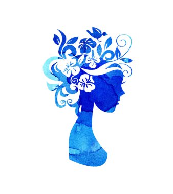 Saçında mavi boya lekeleri olan, çiçekli bir kızın suluboya çizimi. Yaz kızı, bahar, kış. Çiçek Perisi. Tasarım için siluet beyaz arkaplanda izole edildi.