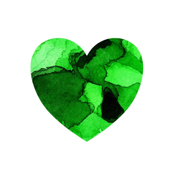 Акварельная Иллюстрация Многоцветного Сердца Пятнами Оттенками Зеленой Краски Открытка День — стоковое фото