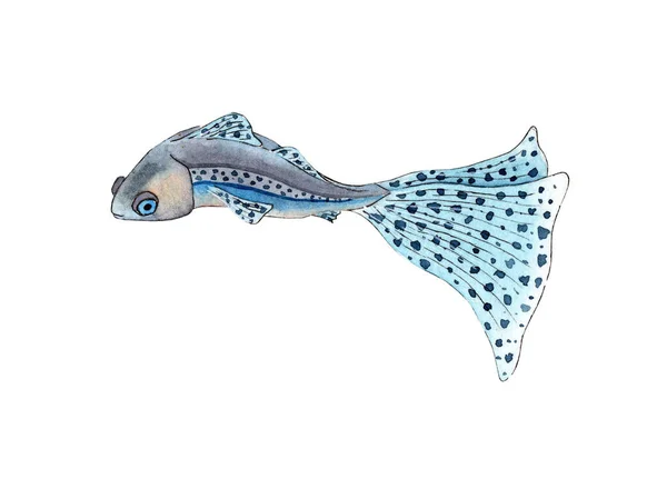 Aquarel Illustratie Van Een Kleine Blauwe Vis Met Een Grote — Stockfoto