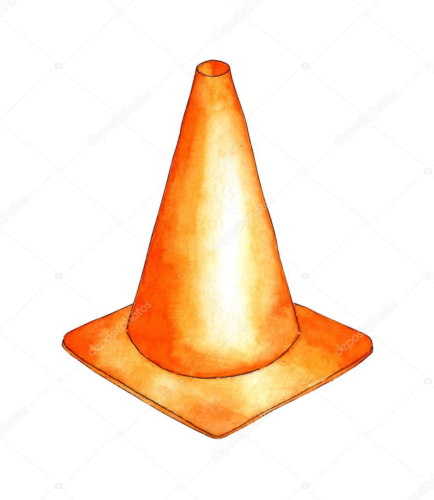 Watercolor illustration of an orange cone. Hazard warning road sign. Sports equipment football training cone. Isolated on white background. Drawn by hand.