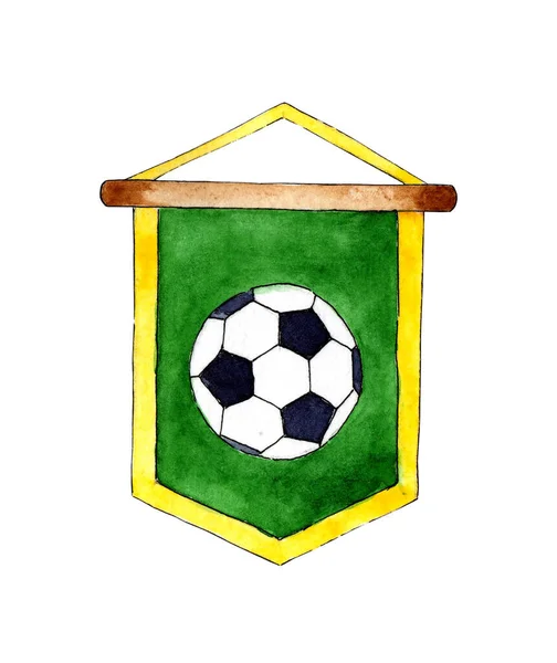 水彩画上的绿色足球旗 上面有一个球 足球迷旗 足球俱乐部的广告 被白色背景隔离 手绘的 — 图库照片