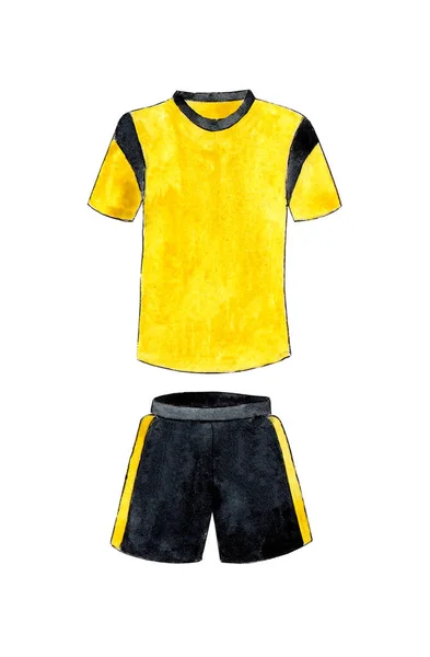 Sarı ve siyah futbol hakemi üniformasının suluboya çizimi. Spor tişörtü ve şort. Futbol forması modeli. Beyaz arka planda izole edilmiş. Elle çizilmiş..