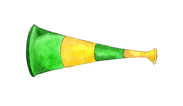 緑の黄色のサッカーファンの笛の水彩イラスト ホーンはファンの属性です 騒音発生器 目標を祝う 白い背景の上に隔離された 手描き — ストック写真