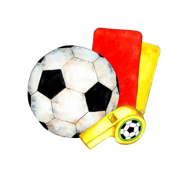 Akwarelowa Ilustracja Piłki Nożnej Gwizdek Kart Sędziowskich Atrybuty Sportowe Zawody — Zdjęcie stockowe