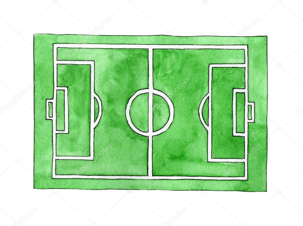 Watercolor illustration of a soccer field sketch. Green grass stadium. Green texture with stripes and white lines, corner, fine, center. Football ground plan for training and championships. Soccer game. Isolated on white background.