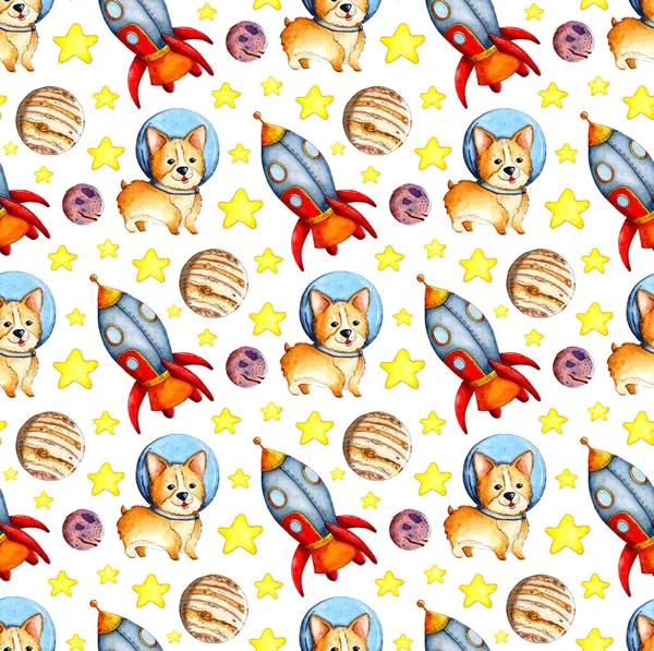 Watercolor illustration of a corgi pattern in space, planets, rocket and stars. Seamless repeating pattern of astronaut dogs. Puppy in a spacesuit. Isolated on white background. Drawn by hand.