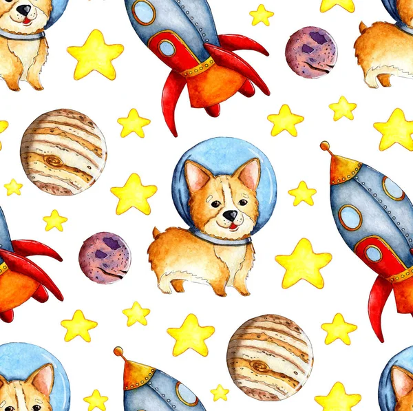 Akvarell Illusztrációk Corgi Minta Űrben Bolygók Rakéták Csillagok Űrhajós Kutyák — Stock Fotó