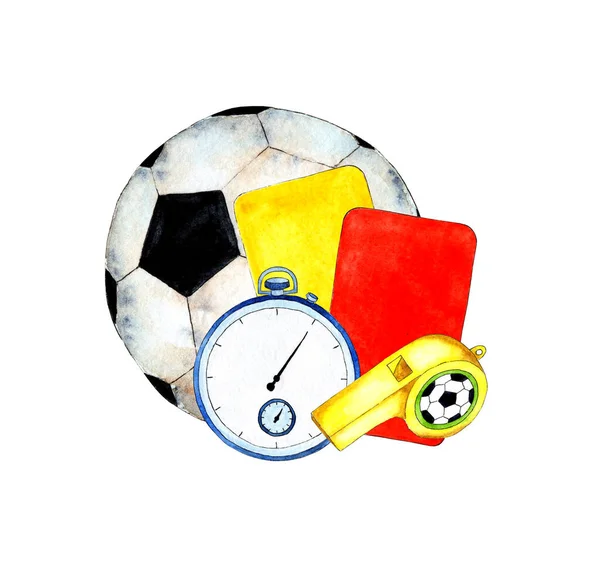 Akwarelowe Ilustracje Piłki Nożnej Gwizdka Kart Sędziowskich Stopera Sprzęt Sportowy — Zdjęcie stockowe
