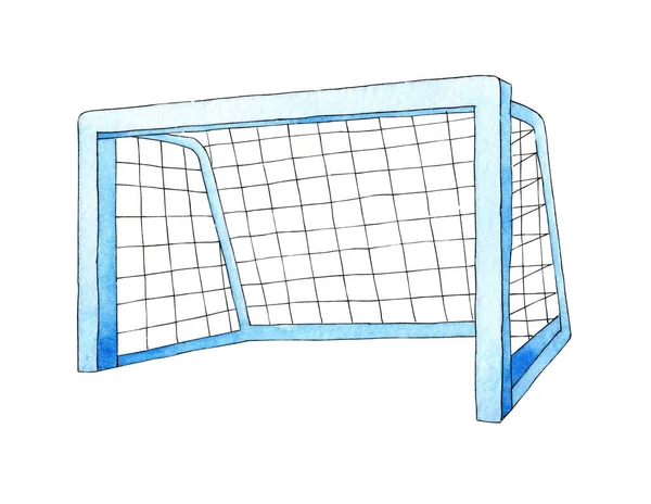 Futbol golünün suluboya çizimi. Spor aletleri, halter, kiriş, ağ. Futbol şampiyonluğu golleri ve serbest vuruşlar. Beyaz arka planda izole edilmiş. Elle çizilmiş..