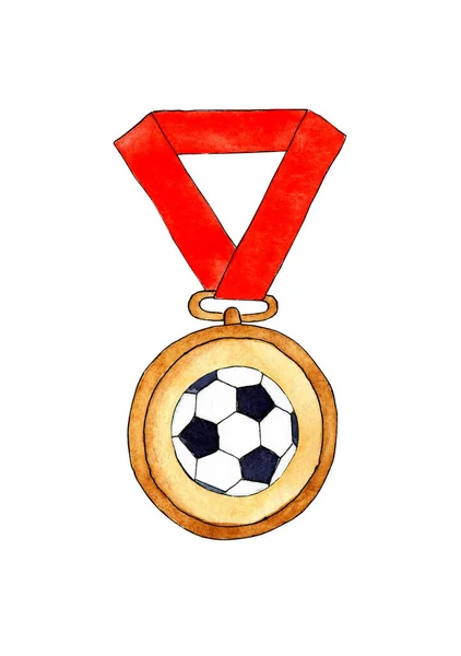 Akwarelowa Ilustracja Medalu Nagrody Piłki Nożnej Złoty Medal Piłką Czerwonej — Zdjęcie stockowe