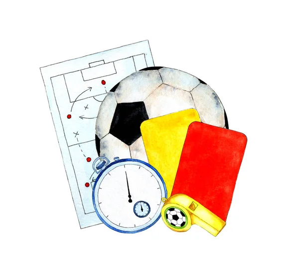 Ilustração Aquarela Atributos Futebol Quadro Táctico Bola Cronômetro Cartas Apito — Fotografia de Stock