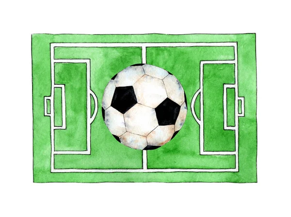 Aquarel Illustratie Van Een Schets Van Een Voetbalveld Een Bal — Stockfoto