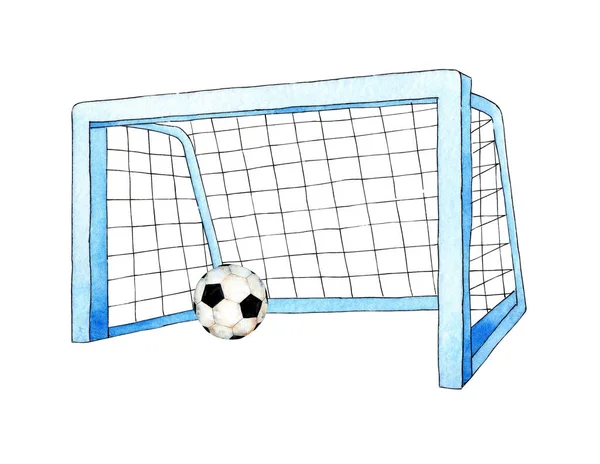 Watercolor illustrations of soccer goal and ball. Sports equipment, barbell, crossbar, net. Football championship goals and free kicks. Isolated over white background. Drawn by hand.