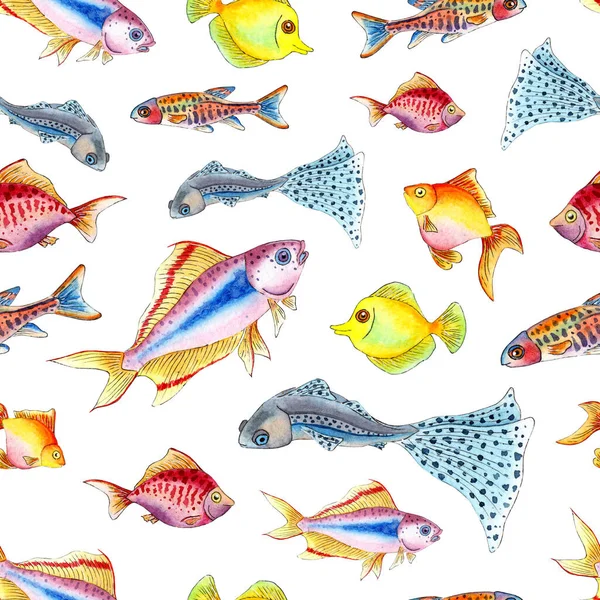 Patrón Ilustración Acuarela Pequeños Peces Acuario Colores Impresión Vida Marina —  Fotos de Stock