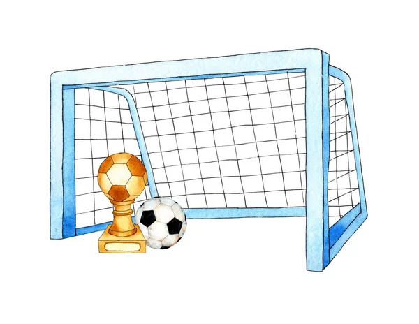 Set of watercolor illustrations of soccer goal, ball and cup. Sports equipment, barbell, crossbar, net. Football championship goals and free kicks. Isolated over white background. Drawn by hand.