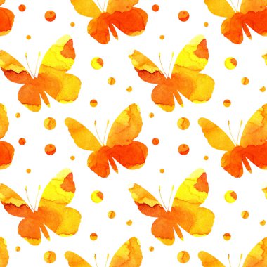 Kelebek ve dairelerin sarı siluetlerinin suluboya çizimi. Böcek tuzakları. Suluboya lekeleri, kelebekler. Beyazda izole edilmiş. El çizimi..