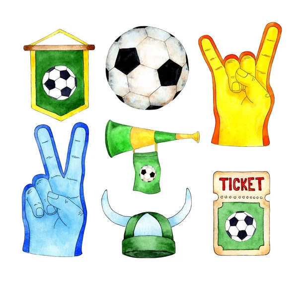 Watercolor illustration set of soccer fan. Fan glove, ball, match ticket, horn, pennant, fan hat. Isolated on white background. Drawn by hand.