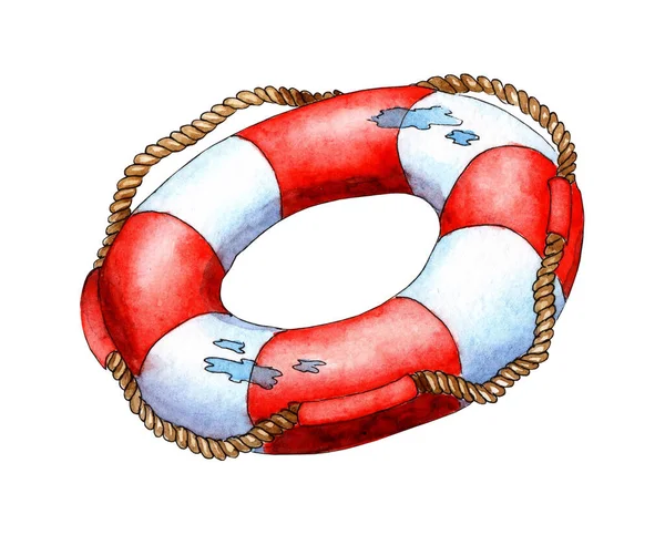 Акварельная Иллюстрация Красно Белого Спасательного Буя Веревками Нем Значит Помогаешь — стоковое фото