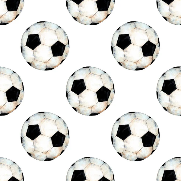 サッカーボールのパターンの水彩イラスト スポーツシンボル ワールドカップのシームレスな繰り返しの印刷 白い背景の上に隔離された 手描き — ストック写真