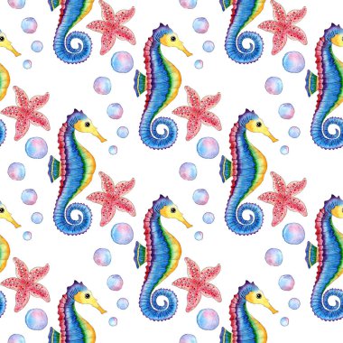 Mavi denizatı ve kabarcıklarının suluboya çizimi. Deniz yaşamının kusursuz bir tekrarı. Okyanus sakinleri. Beyaz arka planda izole edilmiş. Elle çizilmiş..