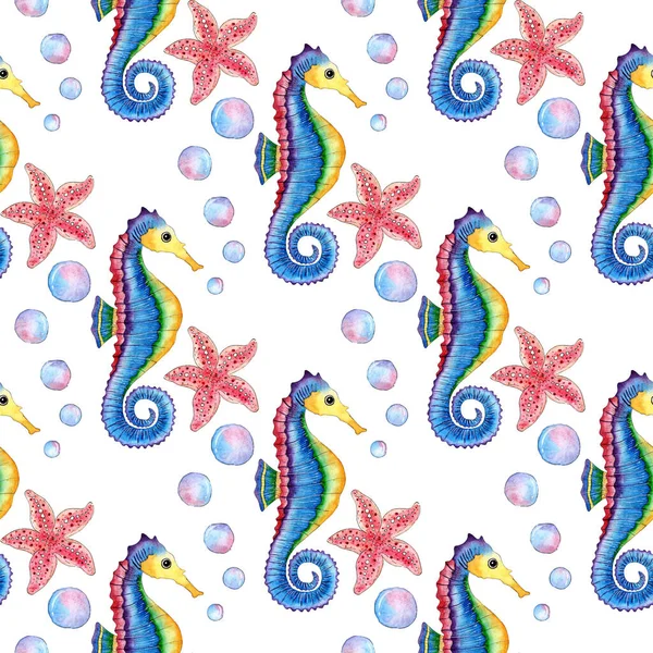 Padrão Ilustração Aquarela Estrelas Azul Cavalo Marinho Bolhas Impressão Repetitiva — Fotografia de Stock
