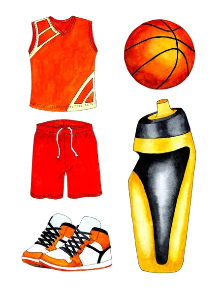 Watercolor Illustration Basketball Set Uniform Jersey Shorts Sneakers Ball Water — Foto de Stock