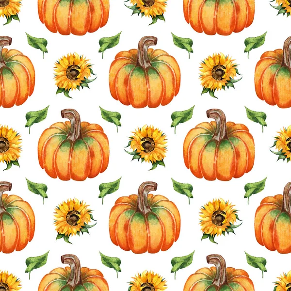 Watercolor Illustration Pattern Pumpkins Sunflowers Leaves Seamless Repeating Harvest Festival — Foto Stock