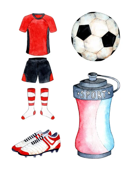 Watercolor illustrations of soccer set uniforms t-shirt and shorts, sneakers, ball and water bottle. A set of equipment for playing football. Isolated over white background. Drawn by hand.