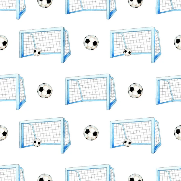 サッカーのゴールとボールの水彩柄のイラスト サッカーW杯のスポーツプリントをシームレスに繰り返します 青い背景に隔離されています 手描き — ストック写真