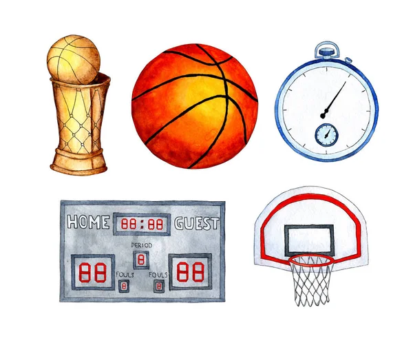 Watercolor Illustrations Basketball Set Cup Ball Stopwatch Basket Scoreboard Set — Foto de Stock