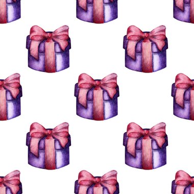 Pembe fiyonklu mor bir kutunun suluboya çizimi. Tatil hediyeleri, paketlenmiş hediye kutuları, doğum günü, Noel tasarım unsurları. Beyaz arka planda izole edilmiş. Elle çizilmiş..
