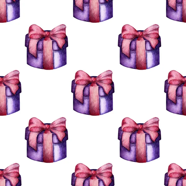 Ilustración Acuarela Una Caja Púrpura Con Lazo Rosa Regalos Navideños — Foto de Stock