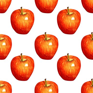 Suluboya desenli kırmızı elma. Kusursuz tekrarlayan meyve izi. Organik meyveler sağlıklı yiyecekler. Çiftlik ürünleri. Beyaz arka planda izole edilmiş. Elle çizilmiş..