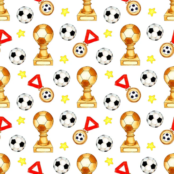 Watercolor illustration pattern of soccer ball, cups, medals and stars. Seamless sports repeating print suitable for wallpapers, covers, wrappers, packaging, fabrics. Isolated over white background.