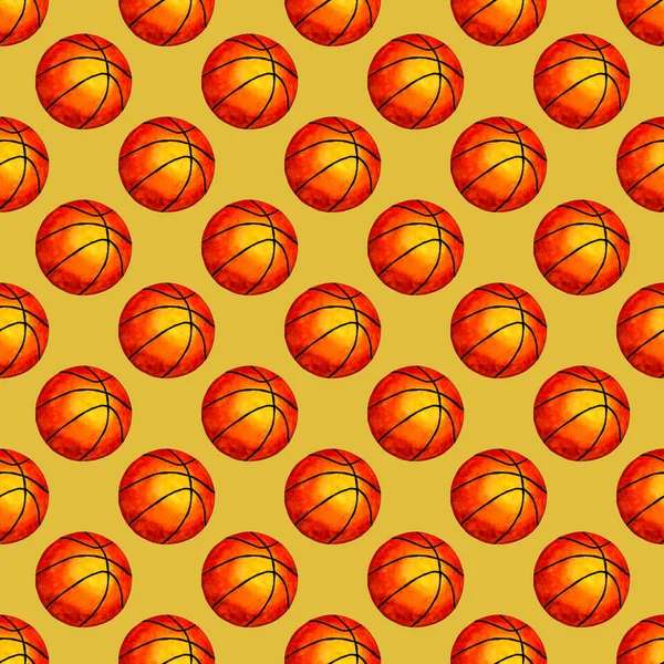 水彩イラストバスケットボールボールシームレスな背景 カバー ファブリックデザインや任意の装飾に最適です 黄色の背景に隔離されている 手描き — ストック写真