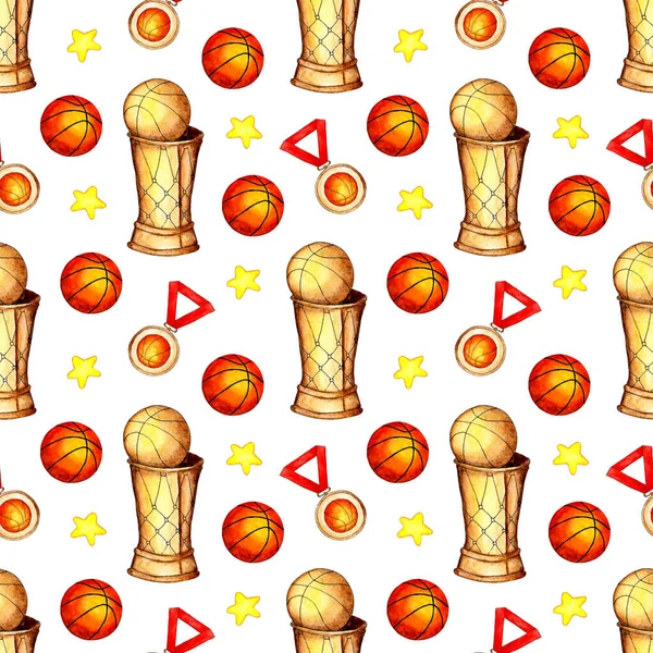 Padrão Ilustração Aquarela Bola Basquete Copo Medalha Estrelas Esportes Sem — Fotografia de Stock