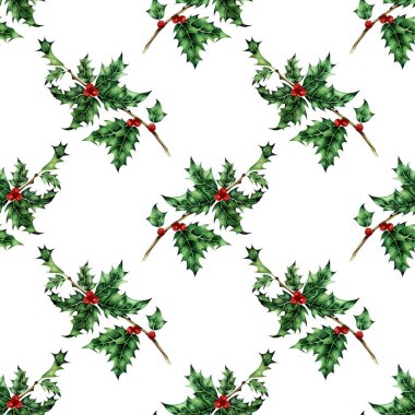 Kutsal bir desenin suluboya çizimi. Kusursuz yeni yıl tatili ve Noel baskısı. Yeşil yapraklar ve kırmızı meyveler. Beyaz arka planda izole edilmiş. Elle çizilmiş..