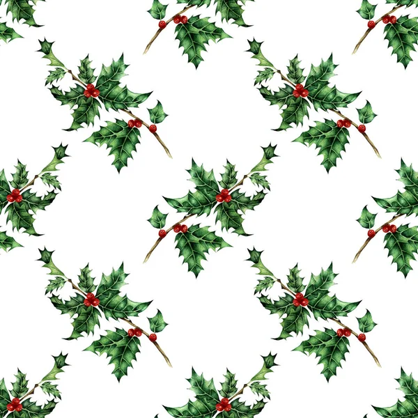 Watercolor Illustration Holly Pattern Seamless Repeating Holiday New Year Christmas — Stockfoto