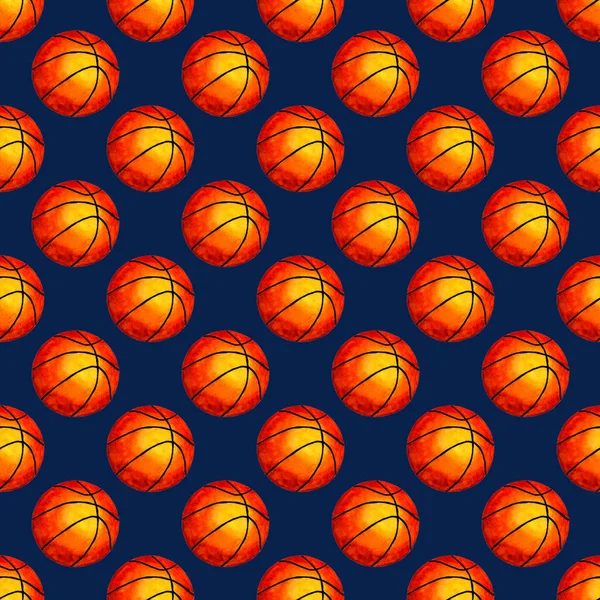 水彩イラストバスケットボールボールシームレスな背景 カバー ファブリックデザインや任意の装飾に最適です 青い背景に隔離されています 手描き — ストック写真