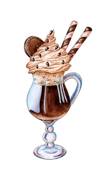 Acquerello Pittura Cocktail Cioccolato Con Biscotti Cannucce Caffè Con Latte — Foto Stock